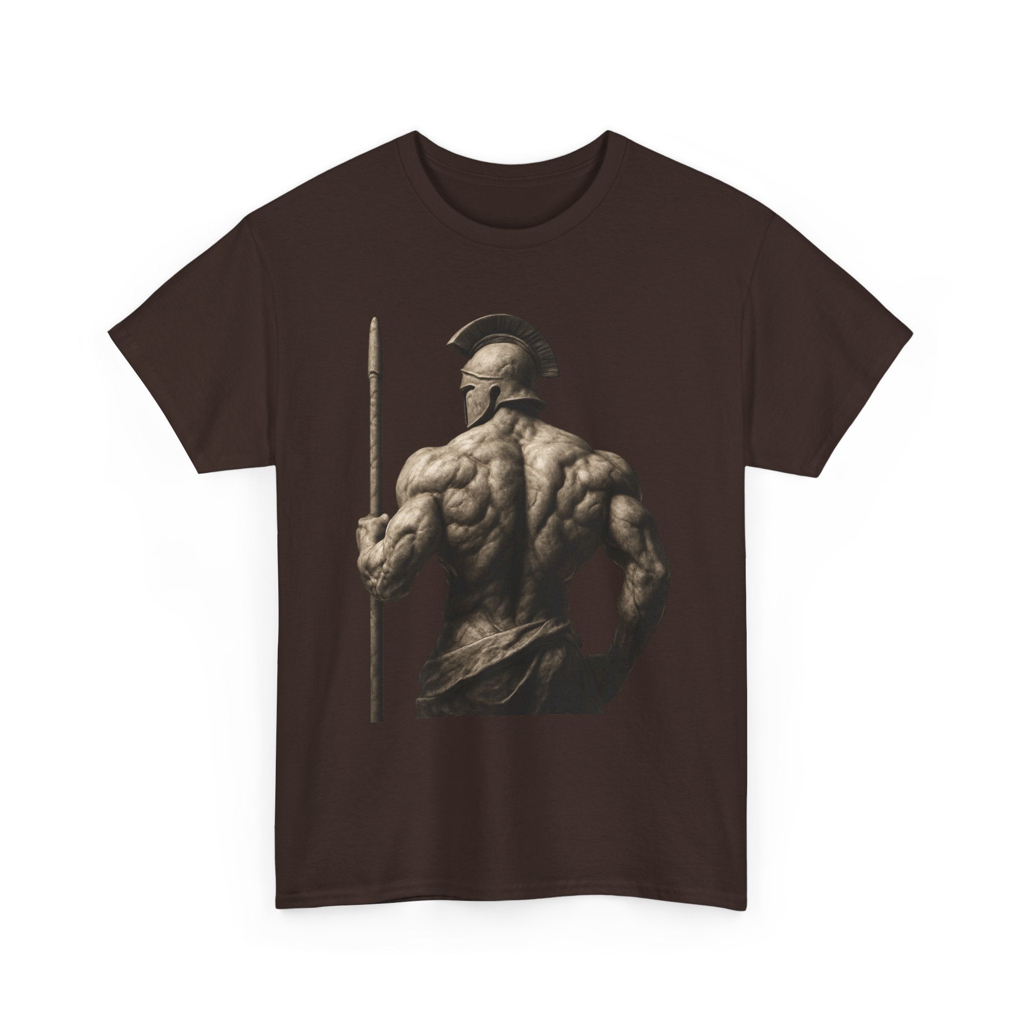 Spartan Warrior Back View T‑Shirt — Ancient Greek Helmet & Spear Muscle Art Tee