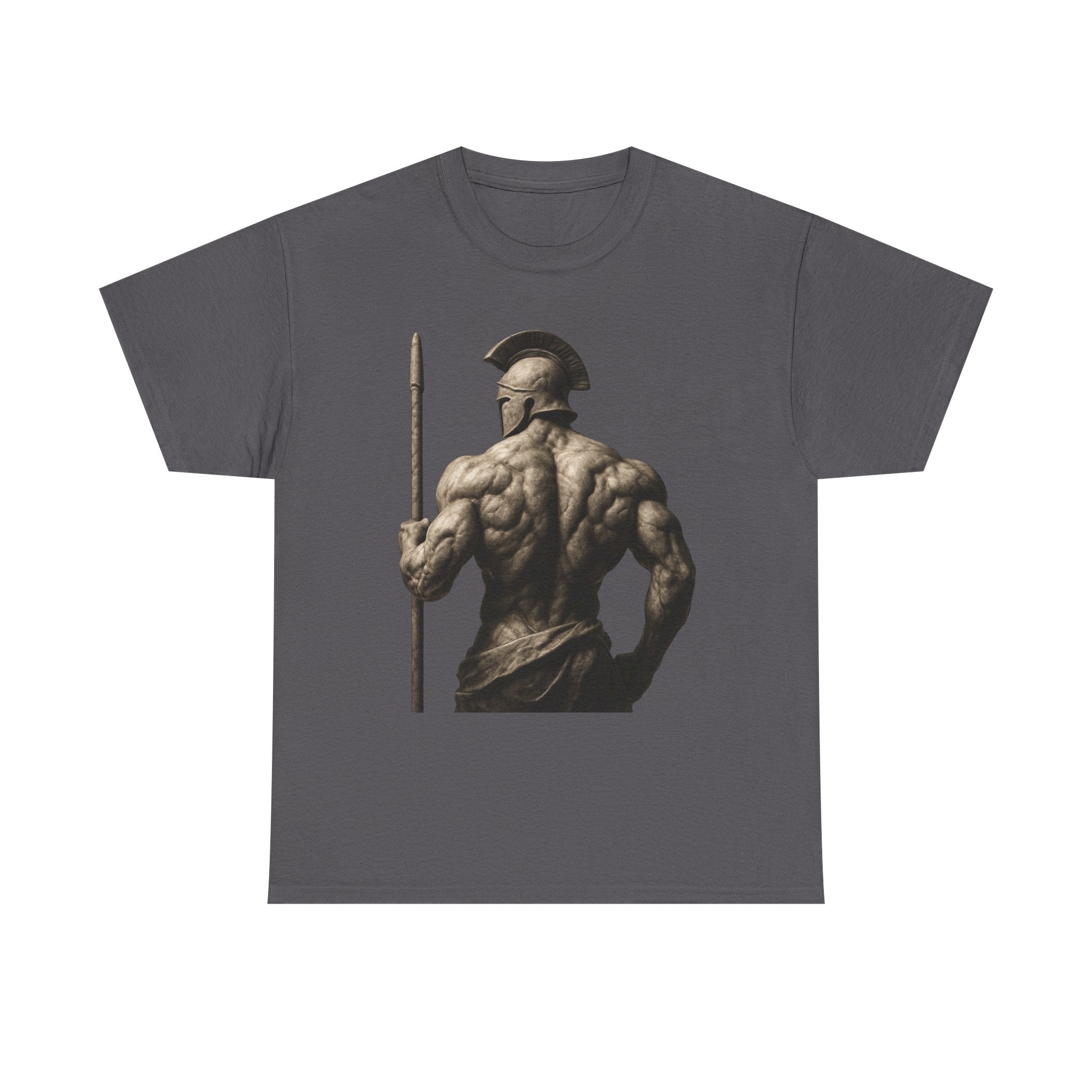 Spartan Warrior Back View T‑Shirt — Ancient Greek Helmet & Spear Muscle Art Tee