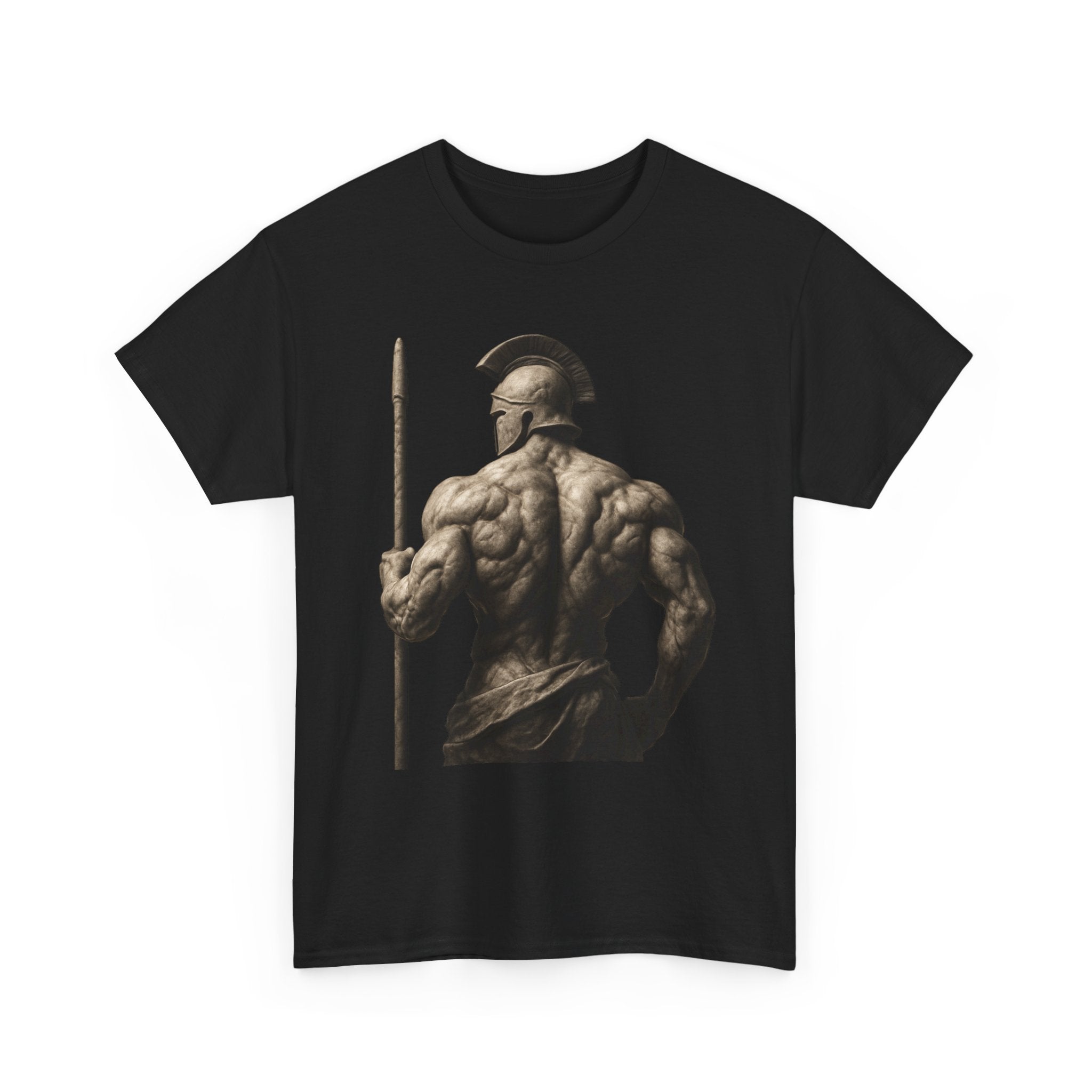Spartan Warrior Back View T‑Shirt — Ancient Greek Helmet & Spear Muscle Art Tee