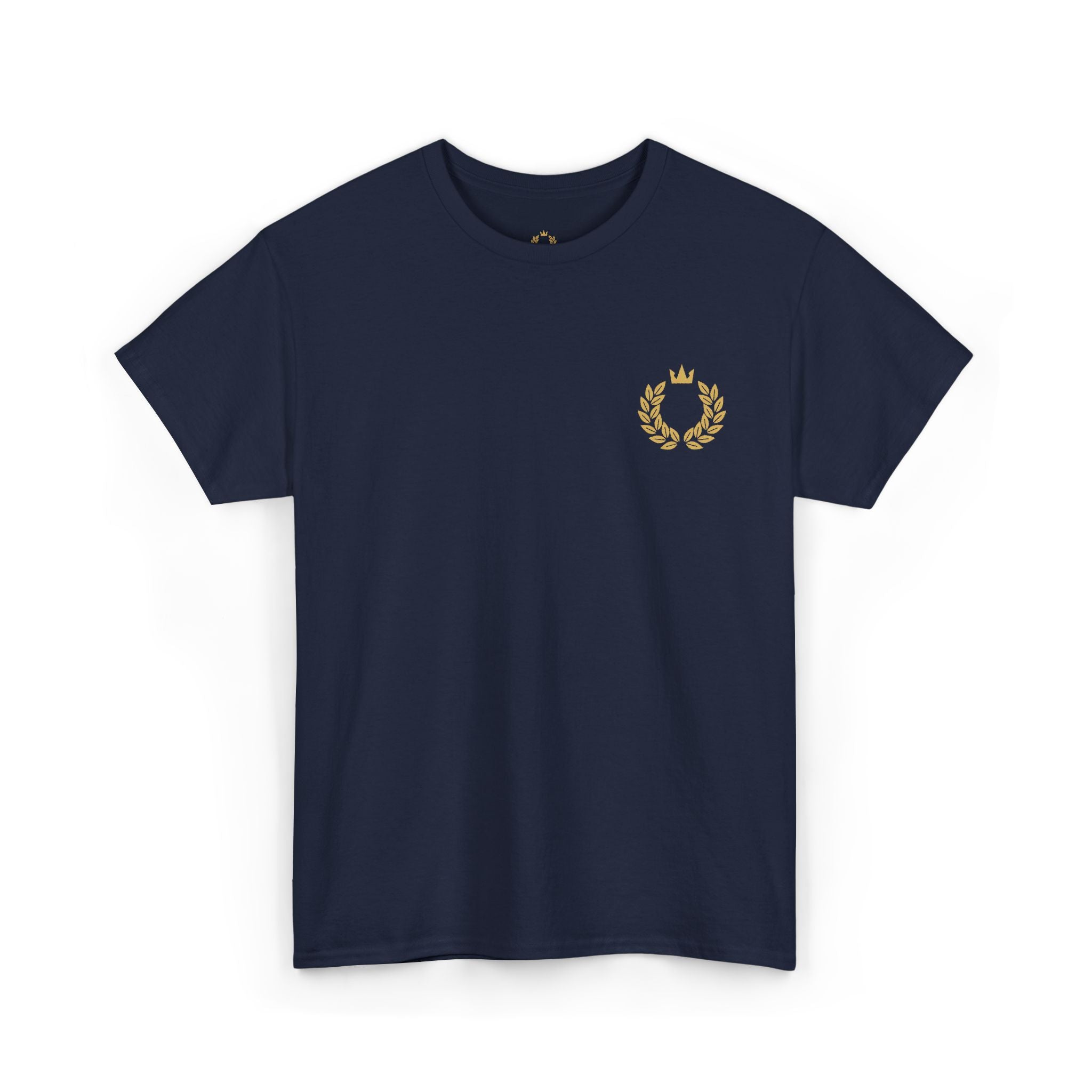 Minimalist Laurel Crown Tee — Small Gold Crest Chest Print