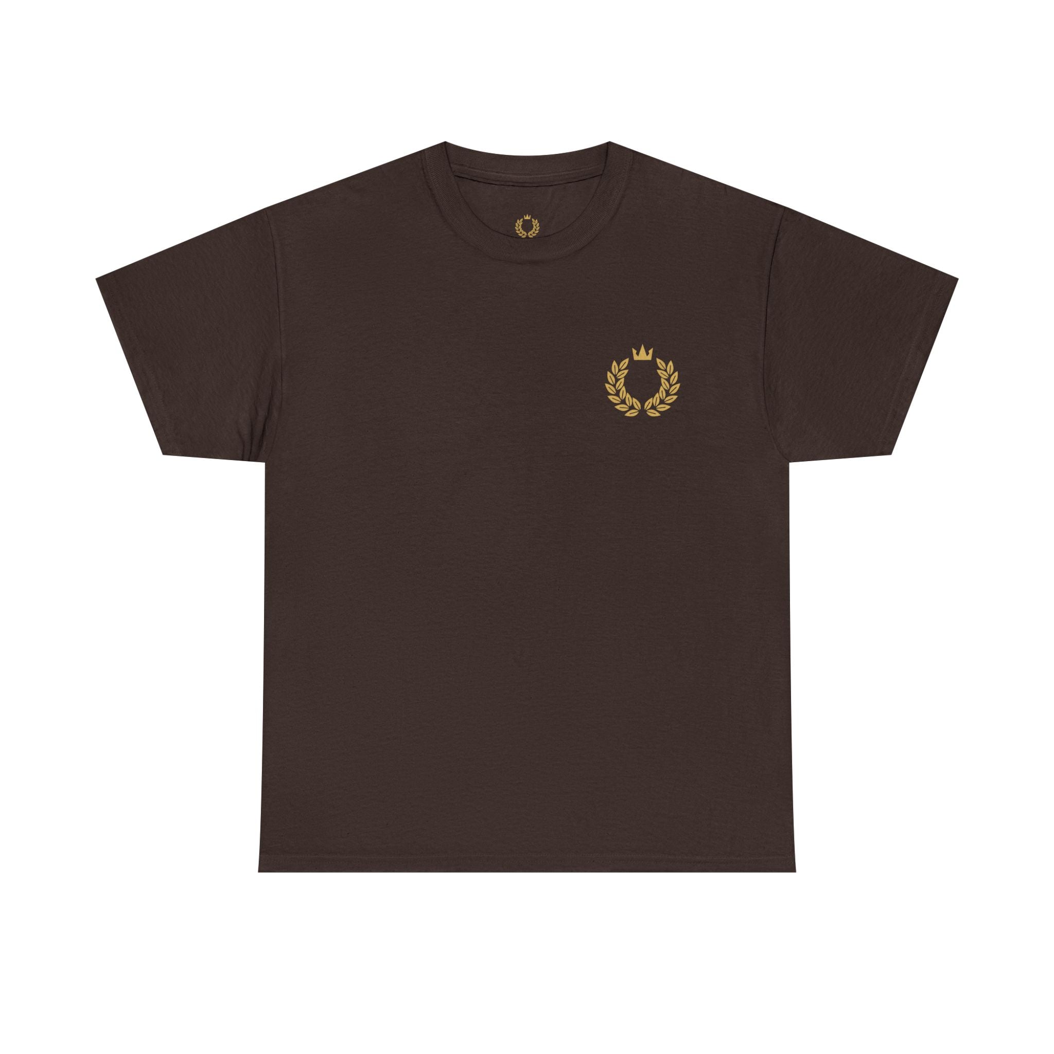 Minimalist Laurel Crown Tee — Small Gold Crest Chest Print