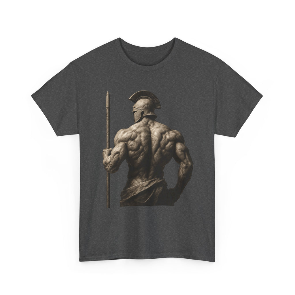 Spartan Warrior Back View T‑Shirt — Ancient Greek Helmet & Spear Muscle Art Tee