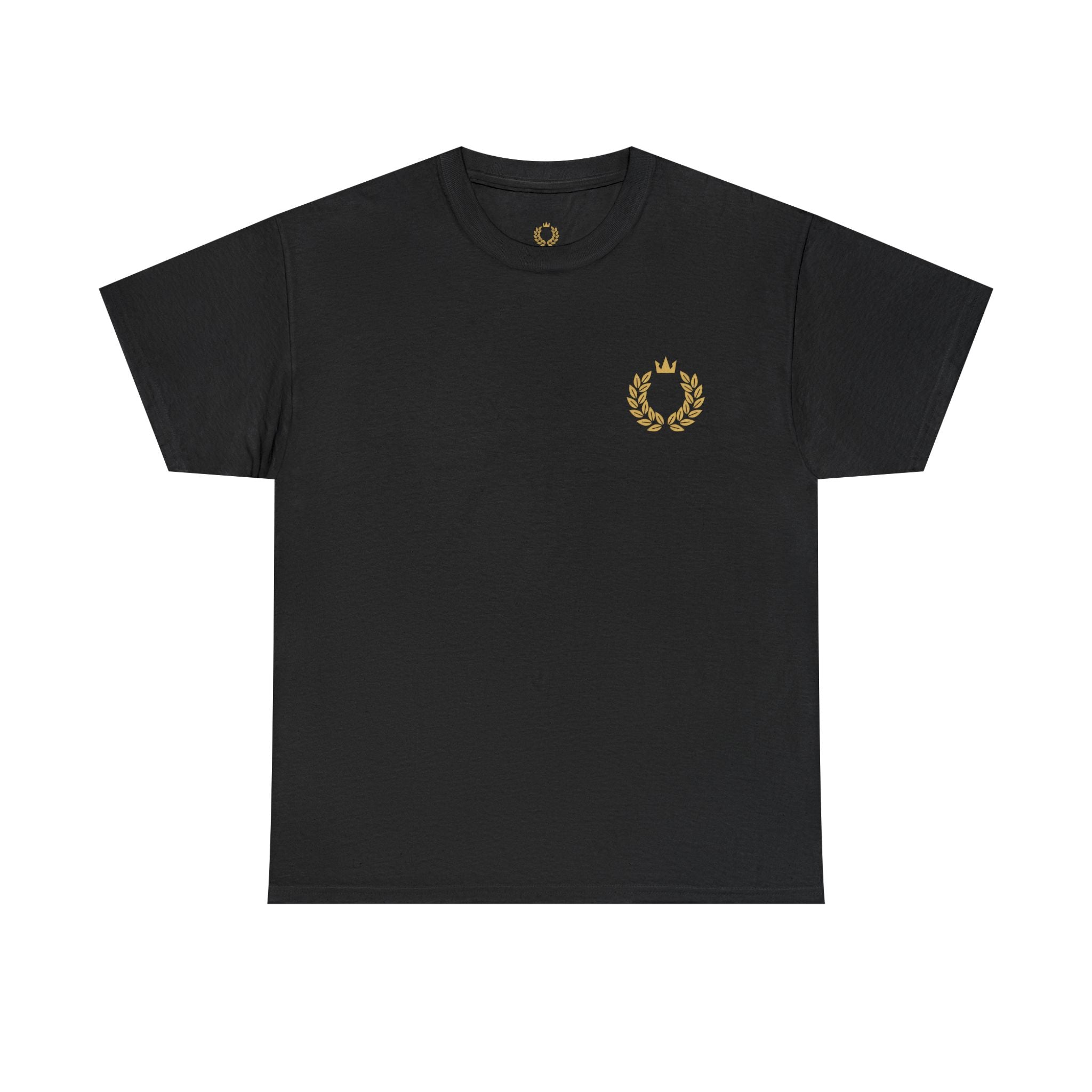 Minimalist Laurel Crown Tee — Small Gold Crest Chest Print