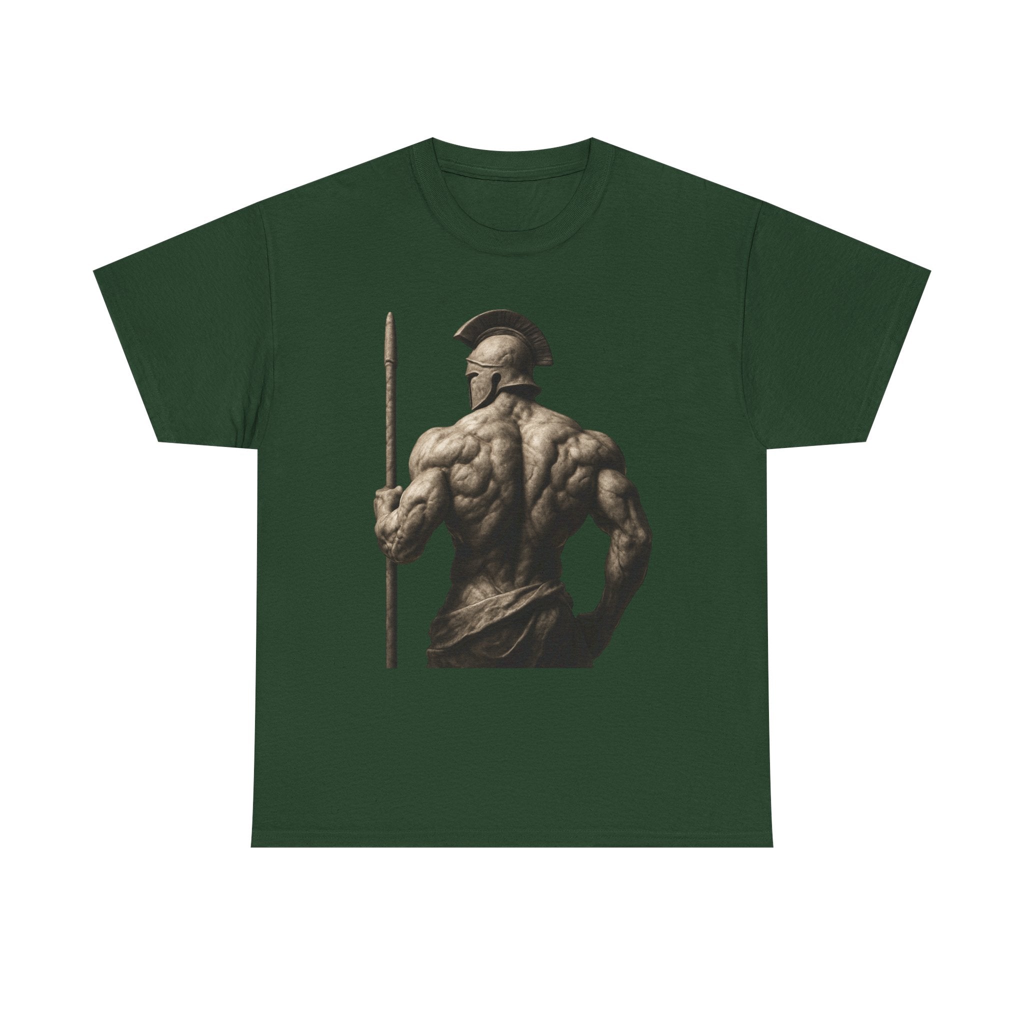 Spartan Warrior Back View T‑Shirt — Ancient Greek Helmet & Spear Muscle Art Tee