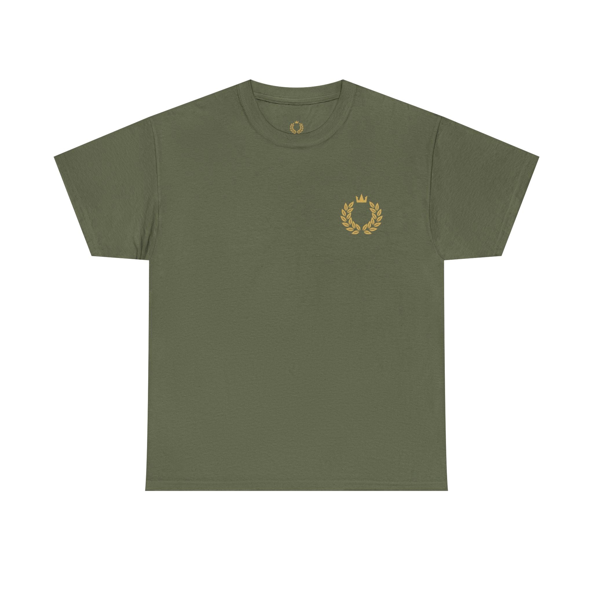 Minimalist Laurel Crown Tee — Small Gold Crest Chest Print