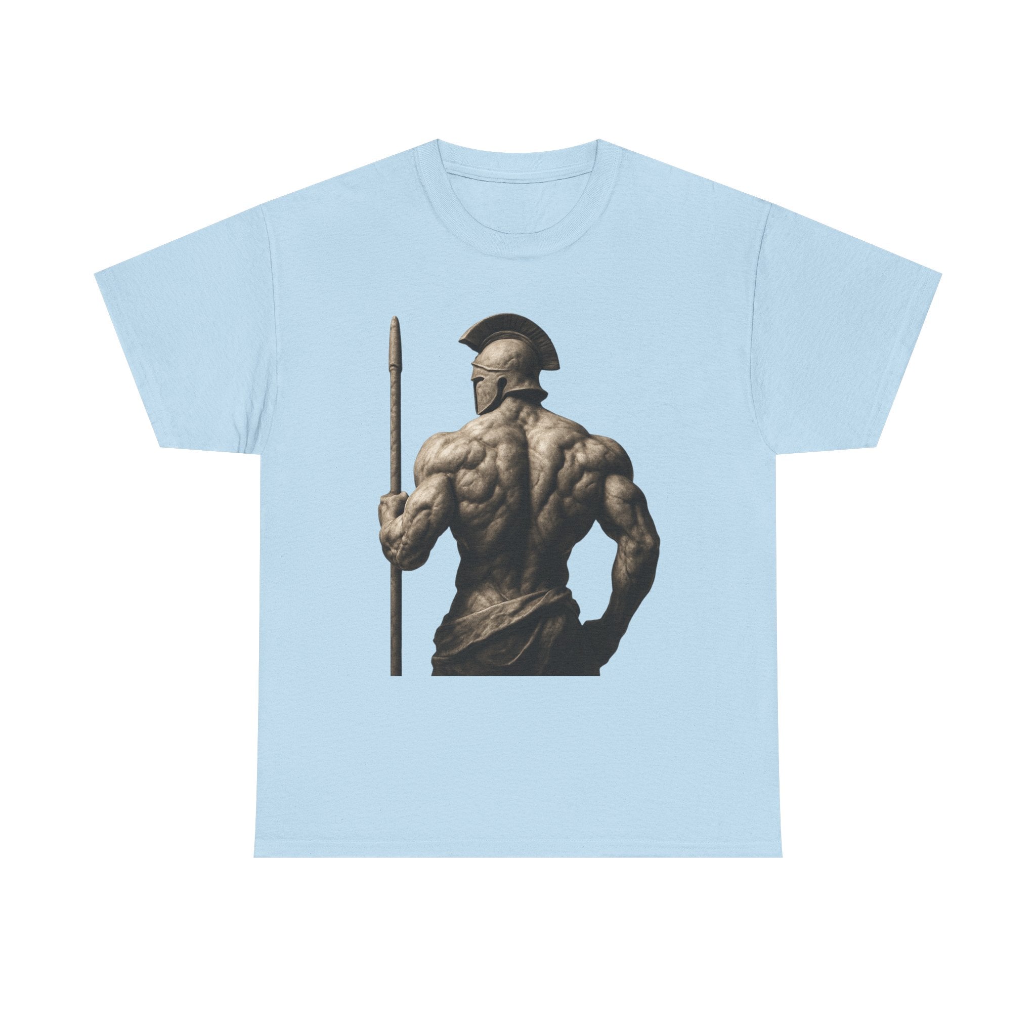 Spartan Warrior Back View T‑Shirt — Ancient Greek Helmet & Spear Muscle Art Tee