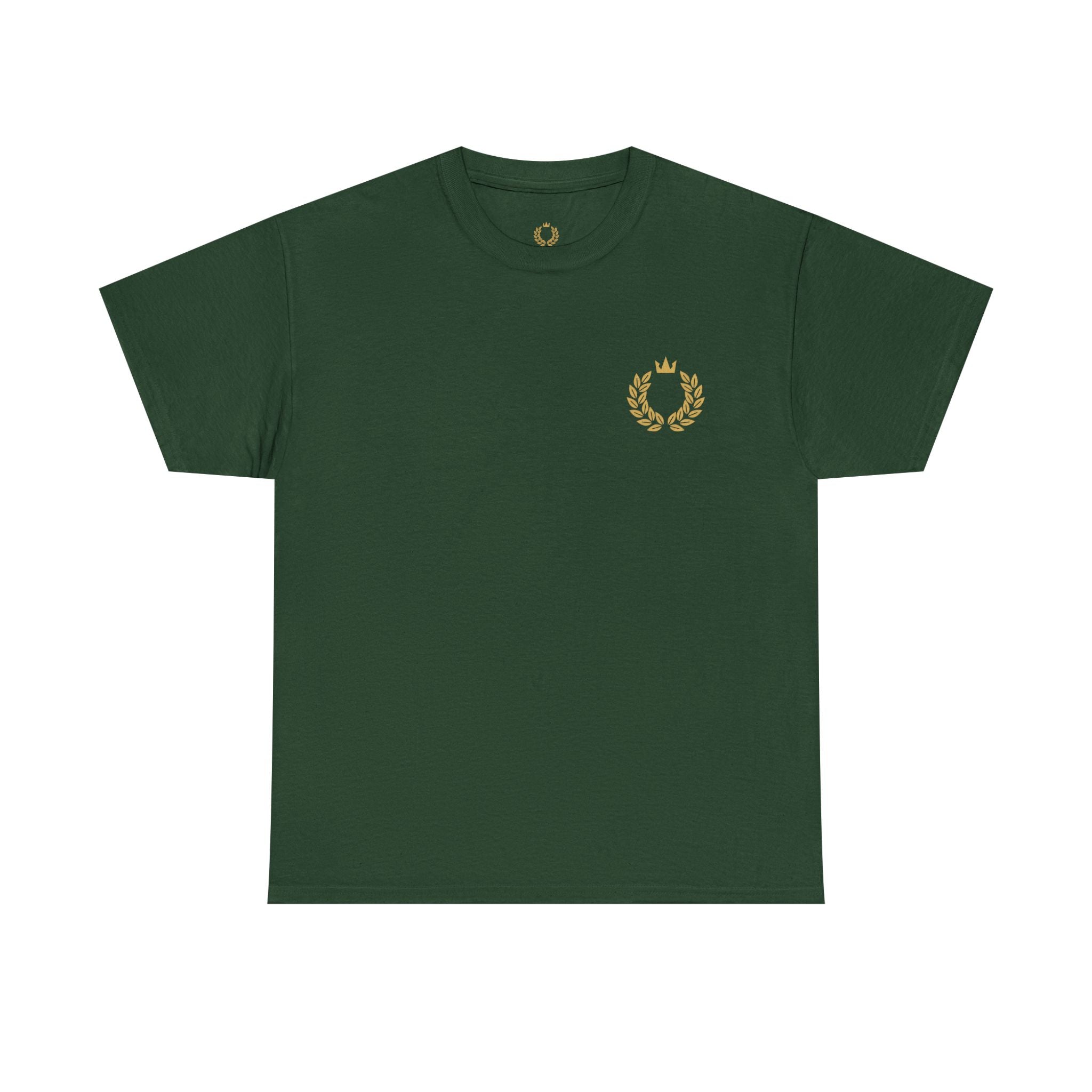 Minimalist Laurel Crown Tee — Small Gold Crest Chest Print
