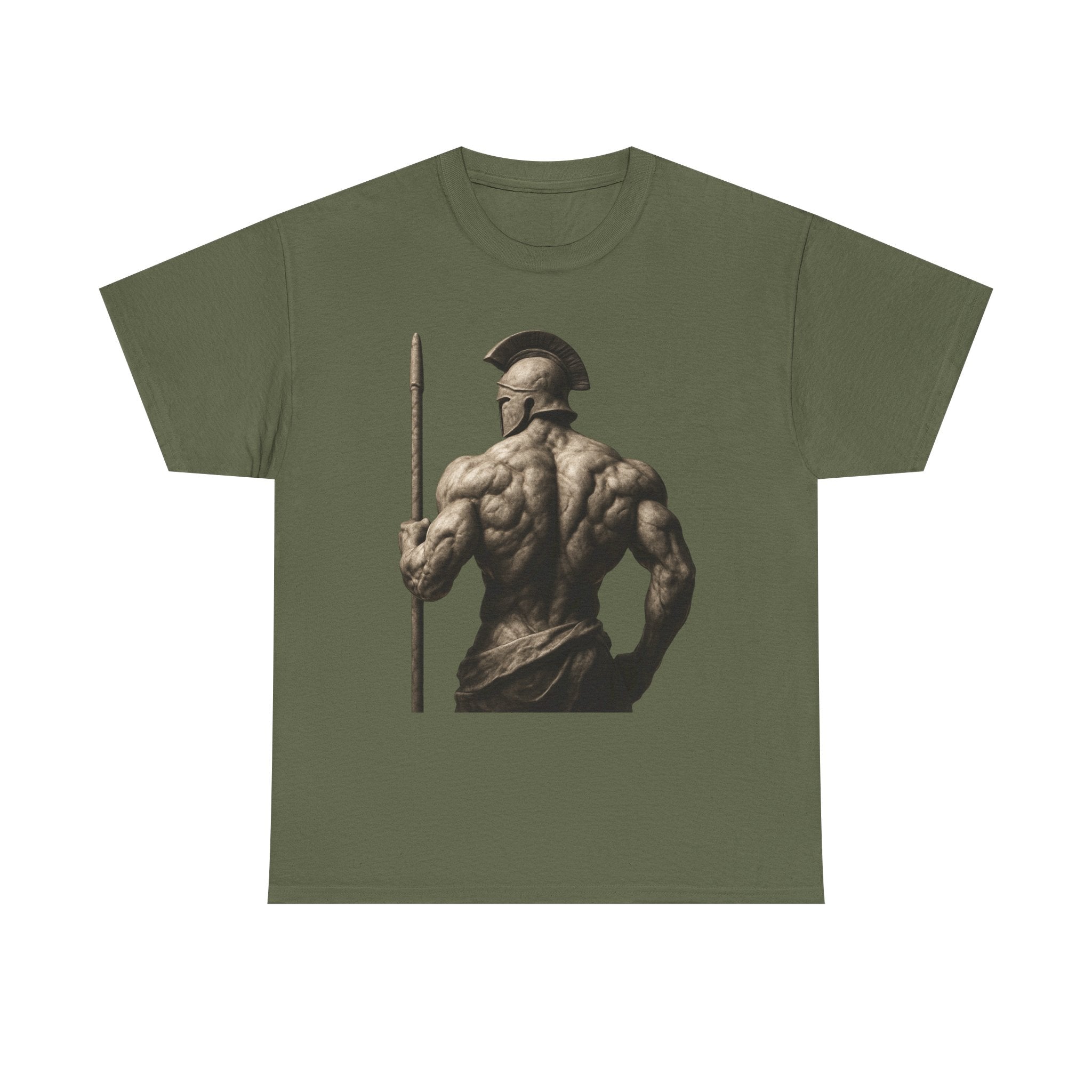 Spartan Warrior Back View T‑Shirt — Ancient Greek Helmet & Spear Muscle Art Tee