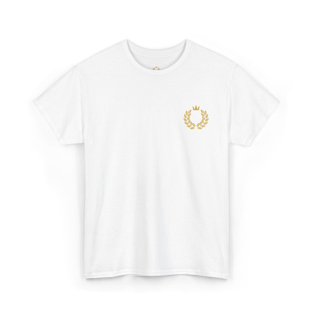 Minimalist Laurel Crown Tee — Small Gold Crest Chest Print