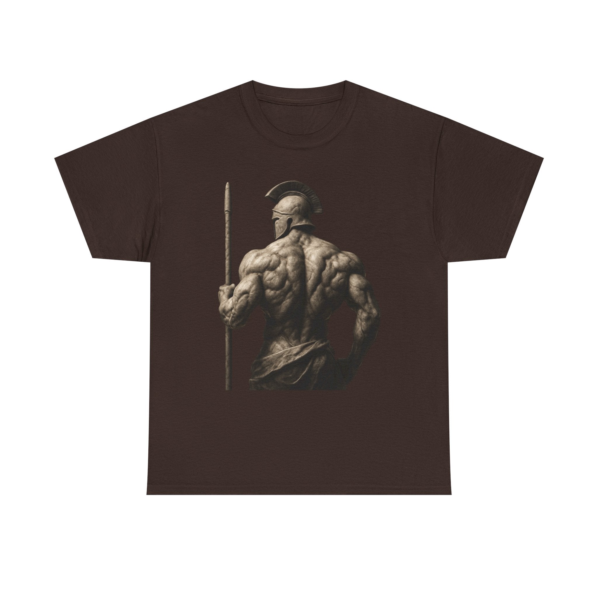 Spartan Warrior Back View T‑Shirt — Ancient Greek Helmet & Spear Muscle Art Tee