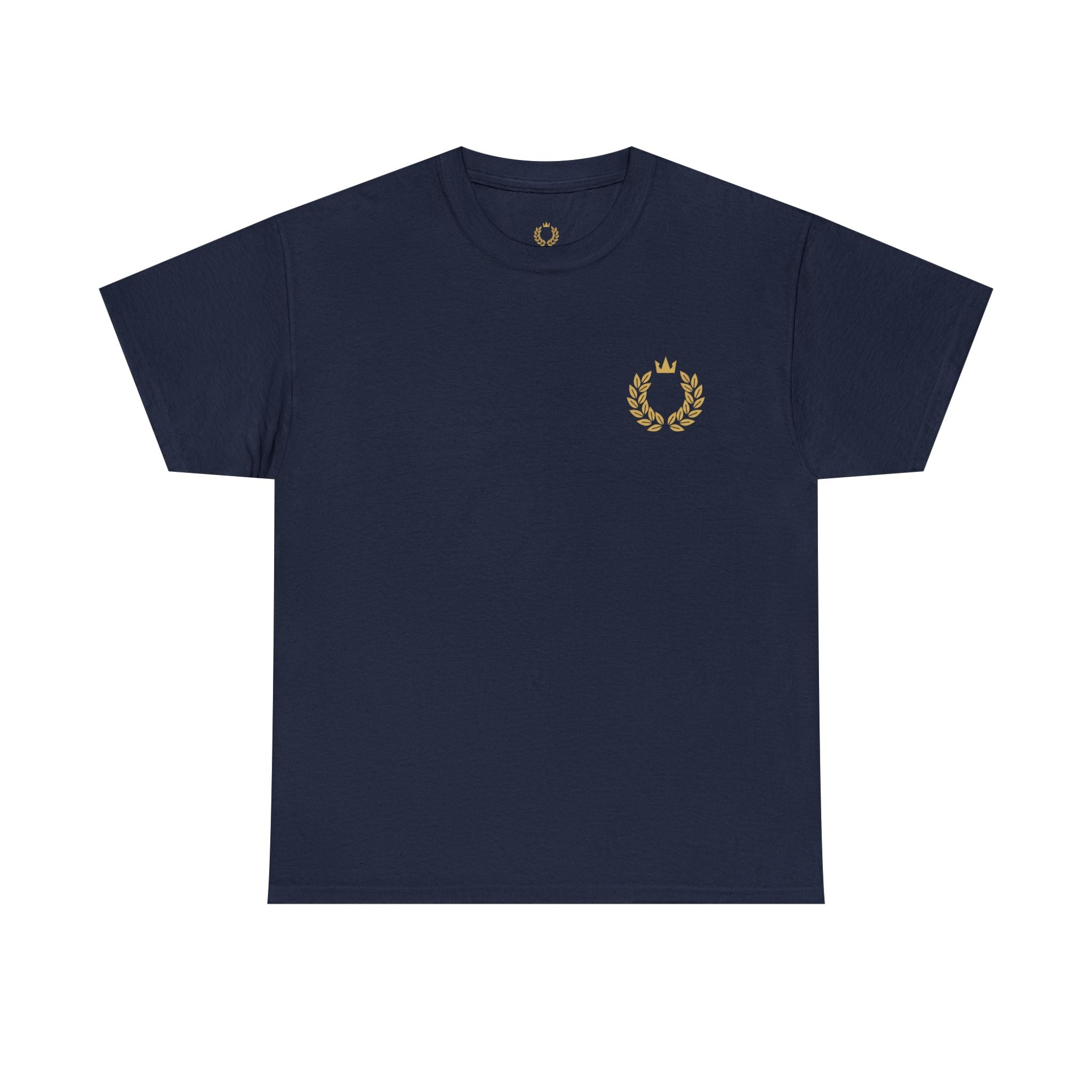Minimalist Laurel Crown Tee — Small Gold Crest Chest Print