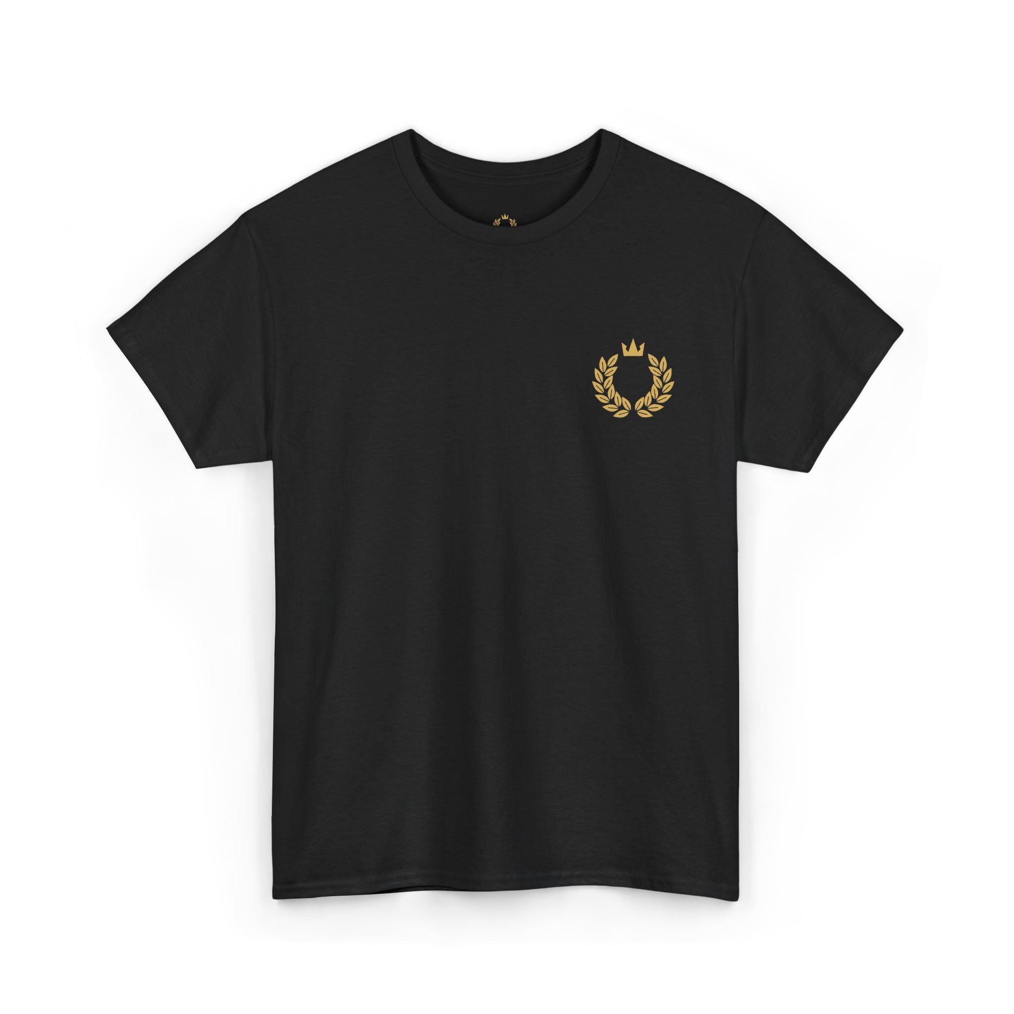 Minimalist Laurel Crown Tee — Small Gold Crest Chest Print