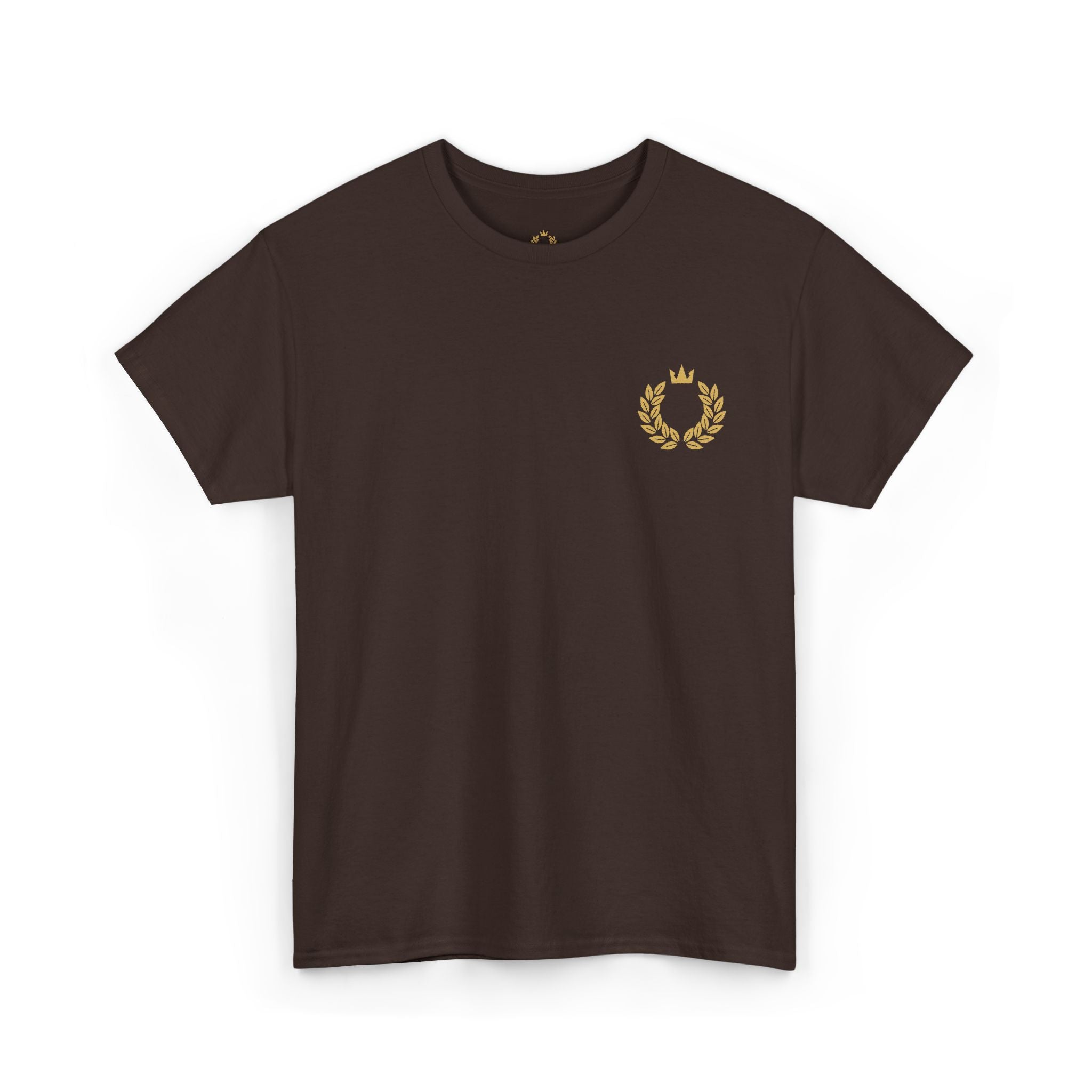 Minimalist Laurel Crown Tee — Small Gold Crest Chest Print