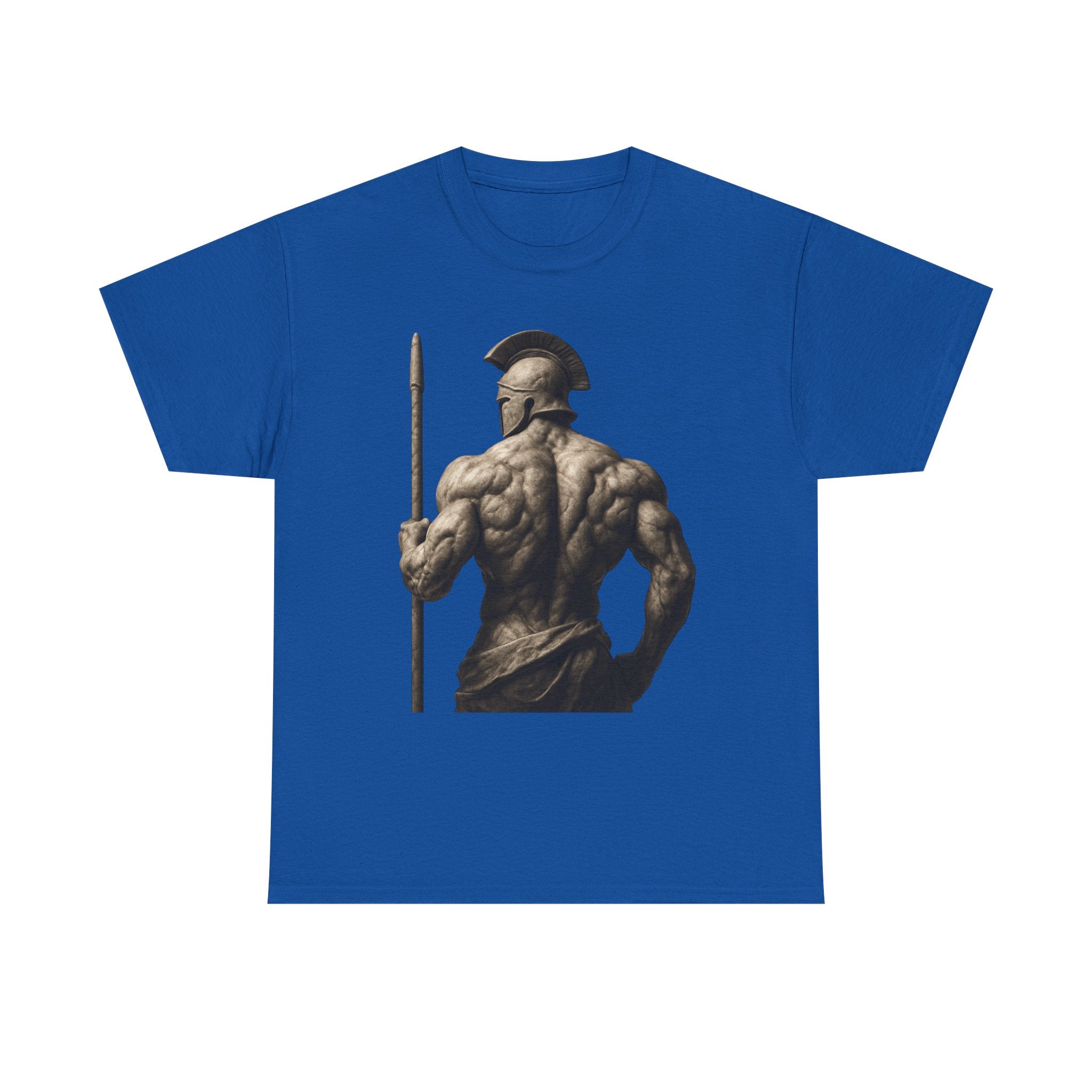 Spartan Warrior Back View T‑Shirt — Ancient Greek Helmet & Spear Muscle Art Tee