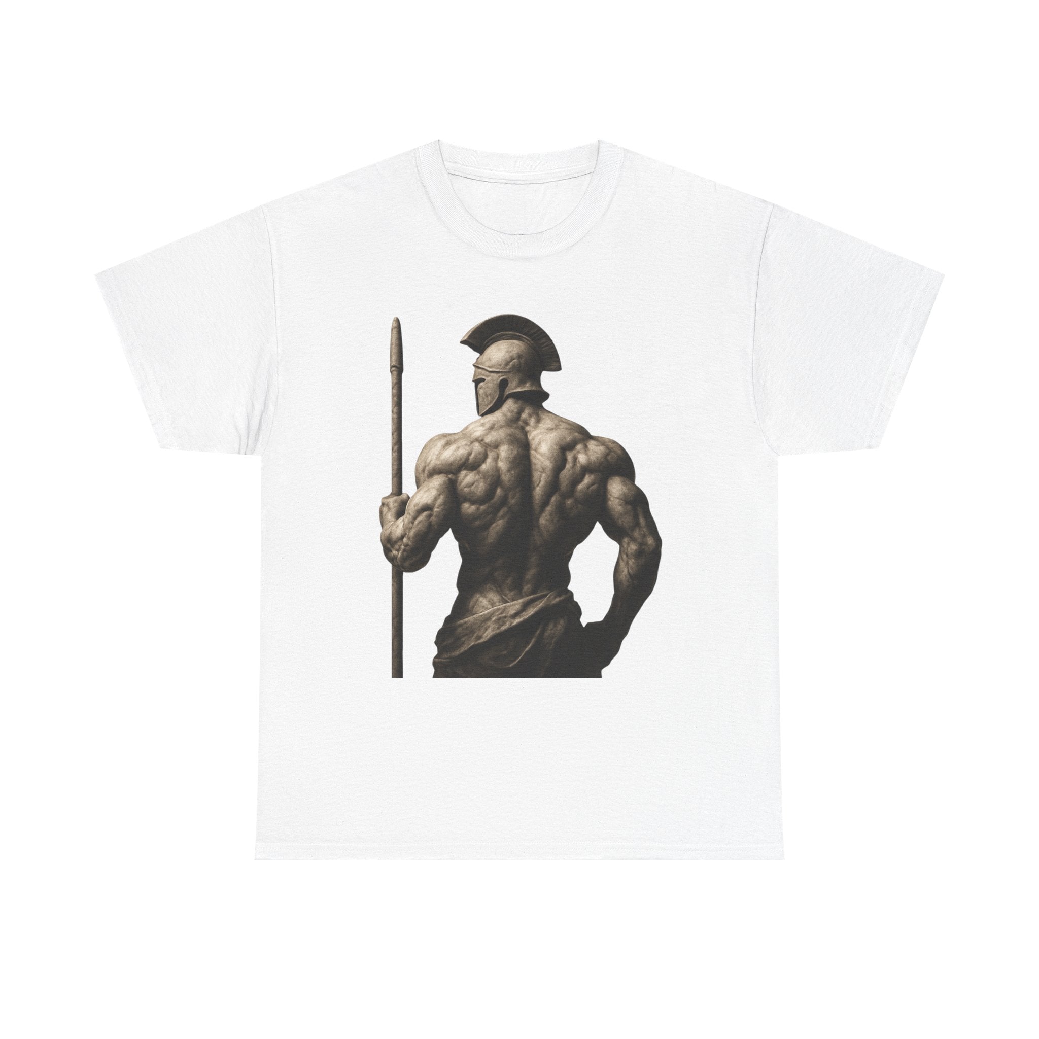 Spartan Warrior Back View T‑Shirt — Ancient Greek Helmet & Spear Muscle Art Tee