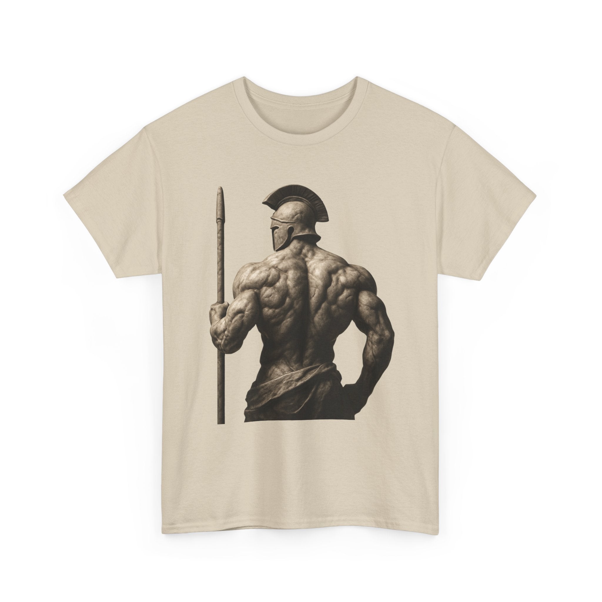 Spartan Warrior Back View T‑Shirt — Ancient Greek Helmet & Spear Muscle Art Tee