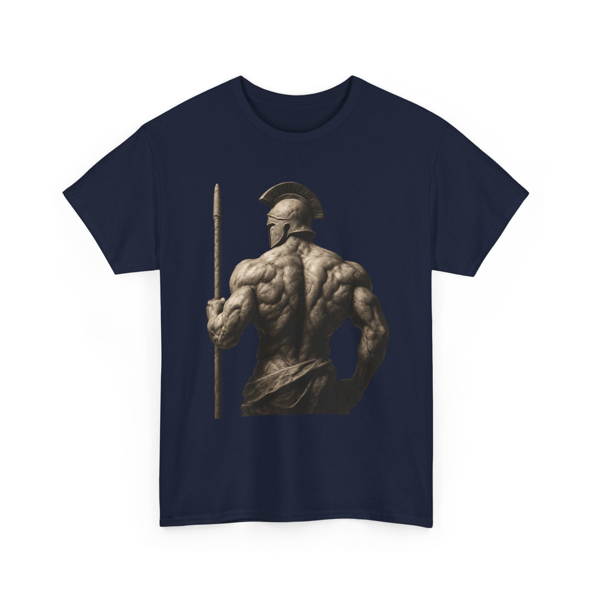 Spartan Warrior Back View T‑Shirt — Ancient Greek Helmet & Spear Muscle Art Tee