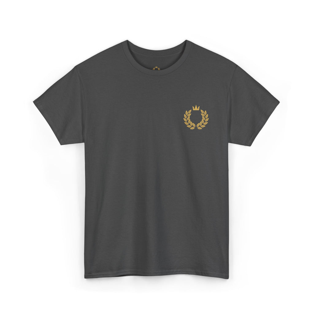 Minimalist Laurel Crown Tee — Small Gold Crest Chest Print