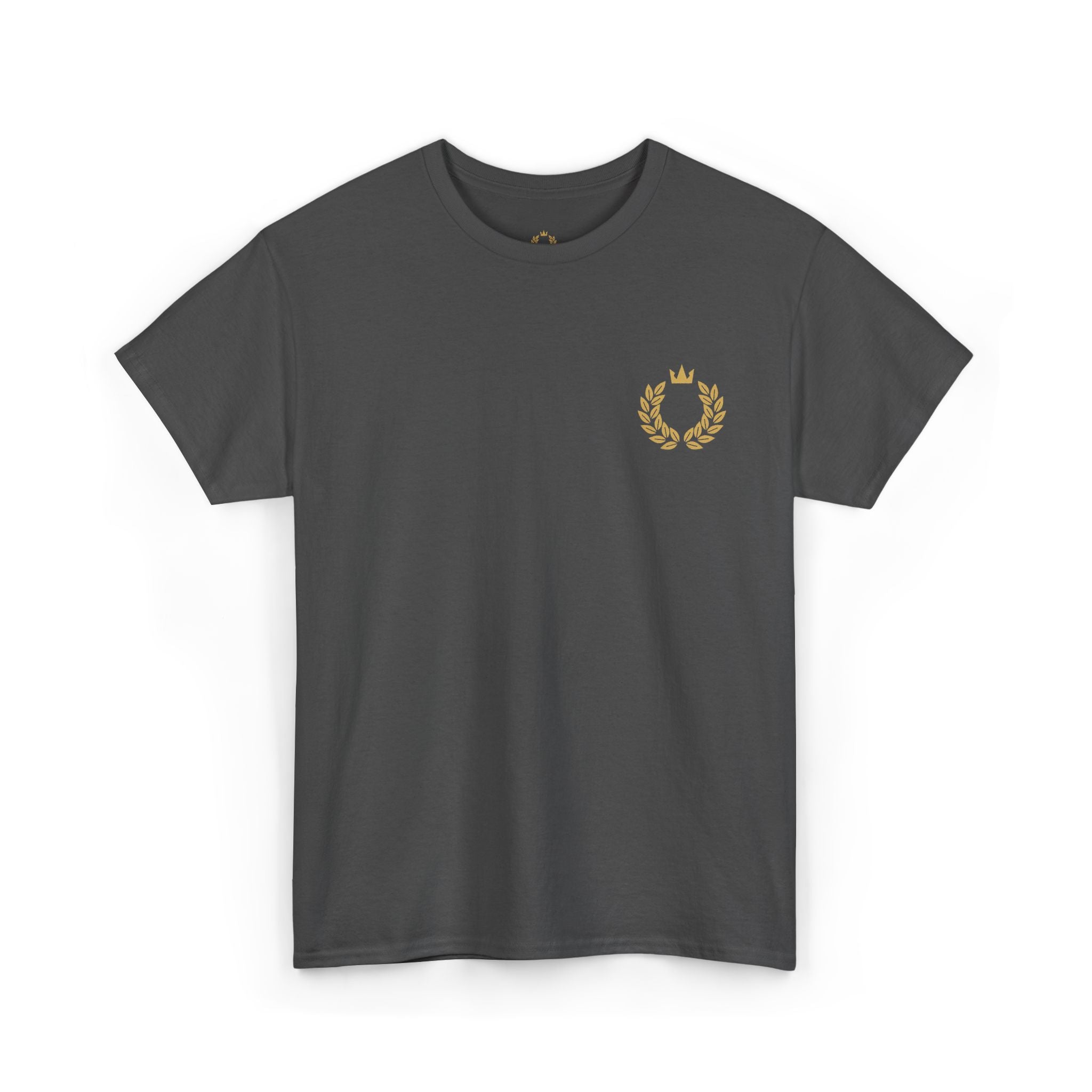 Minimalist Laurel Crown Tee — Small Gold Crest Chest Print