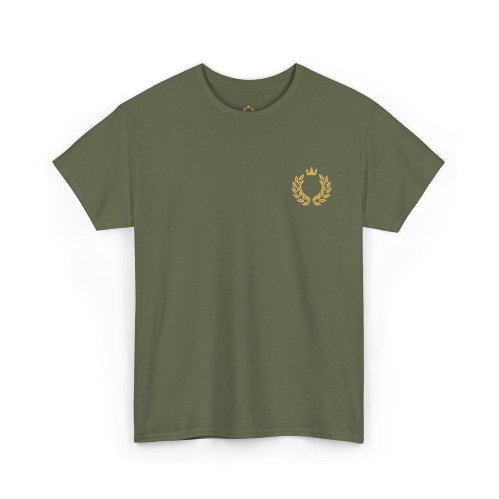 Minimalist Laurel Crown Tee — Small Gold Crest Chest Print