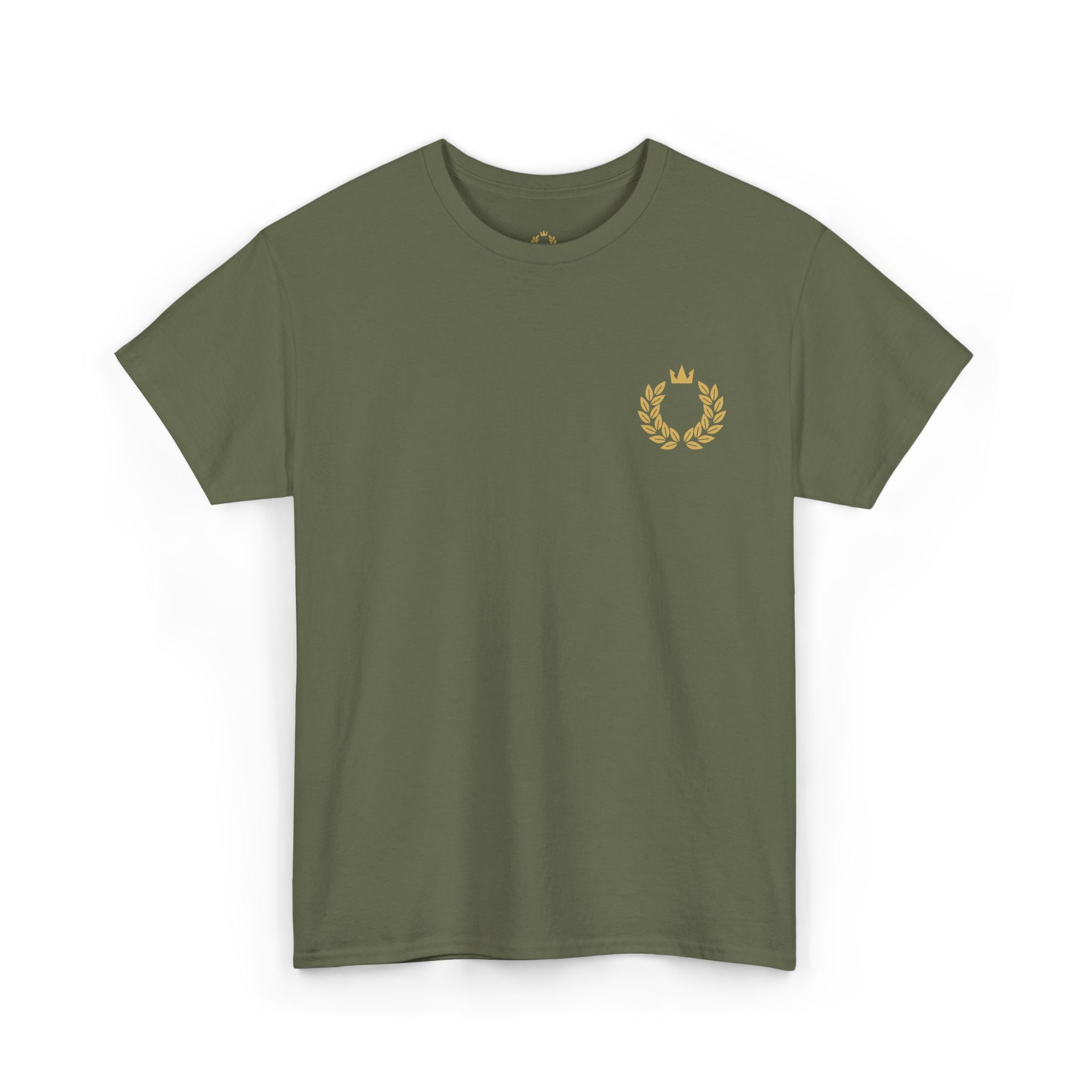 Minimalist Laurel Crown Tee — Small Gold Crest Chest Print