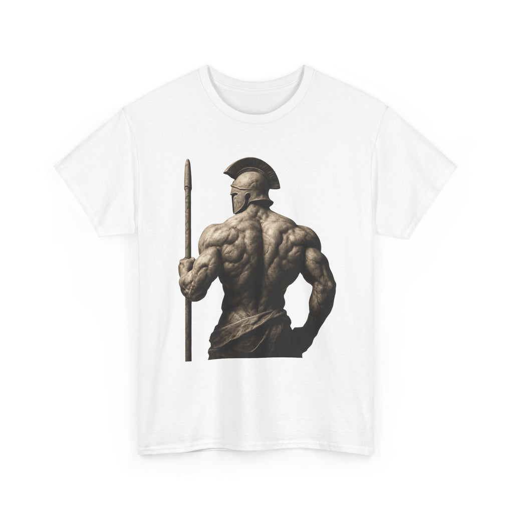 Spartan Warrior Back View T‑Shirt — Ancient Greek Helmet & Spear Muscle Art Tee