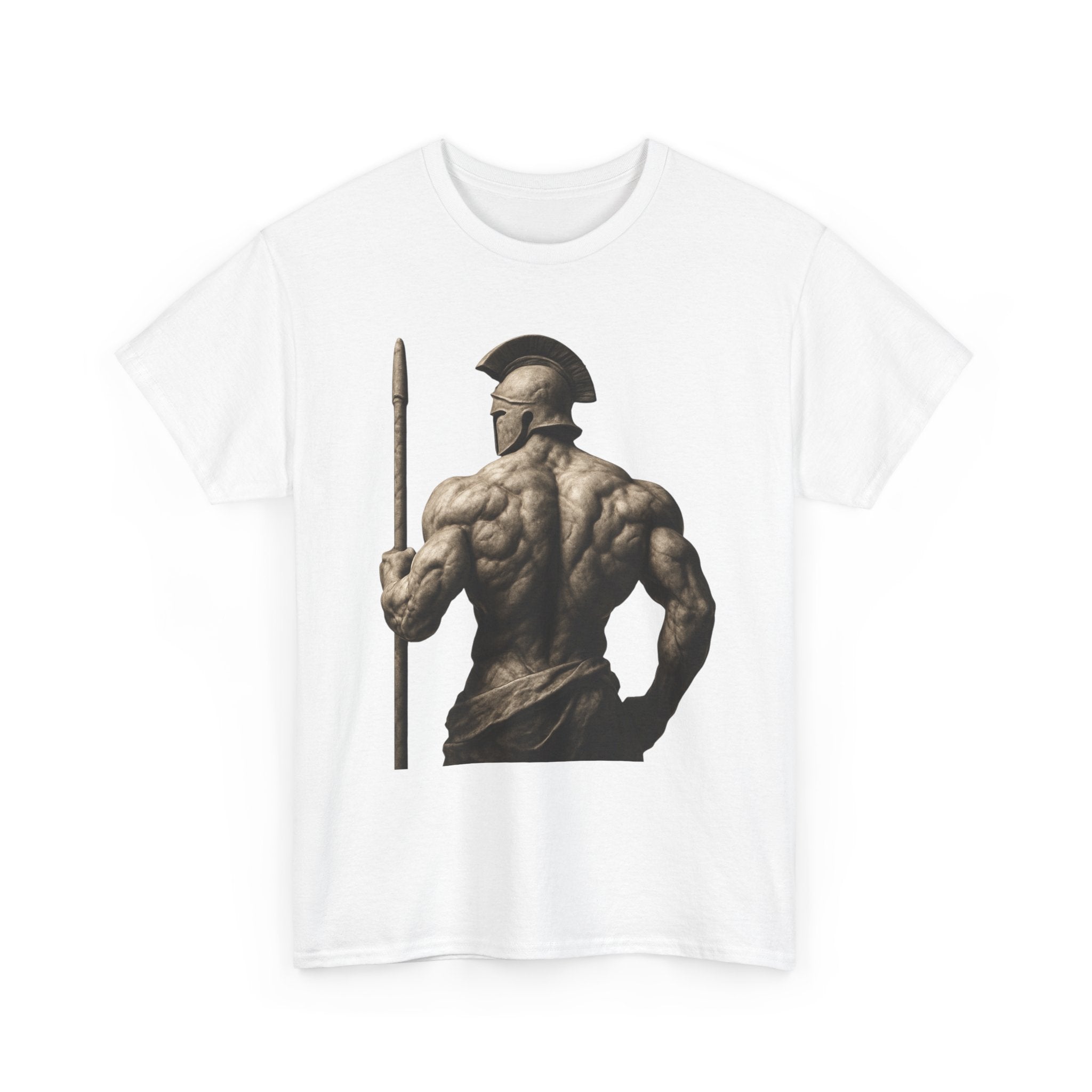 Spartan Warrior Back View T‑Shirt — Ancient Greek Helmet & Spear Muscle Art Tee