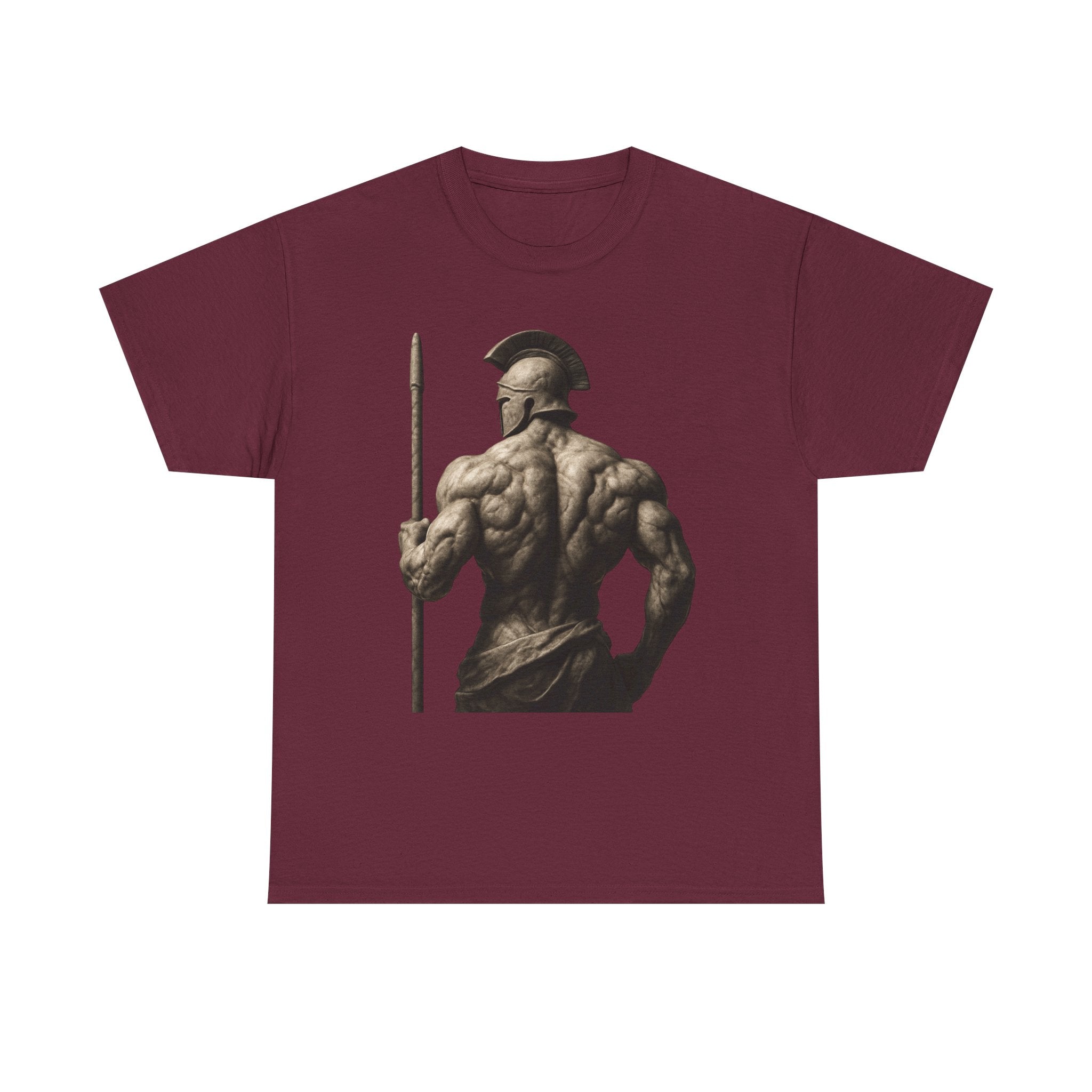 Spartan Warrior Back View T‑Shirt — Ancient Greek Helmet & Spear Muscle Art Tee