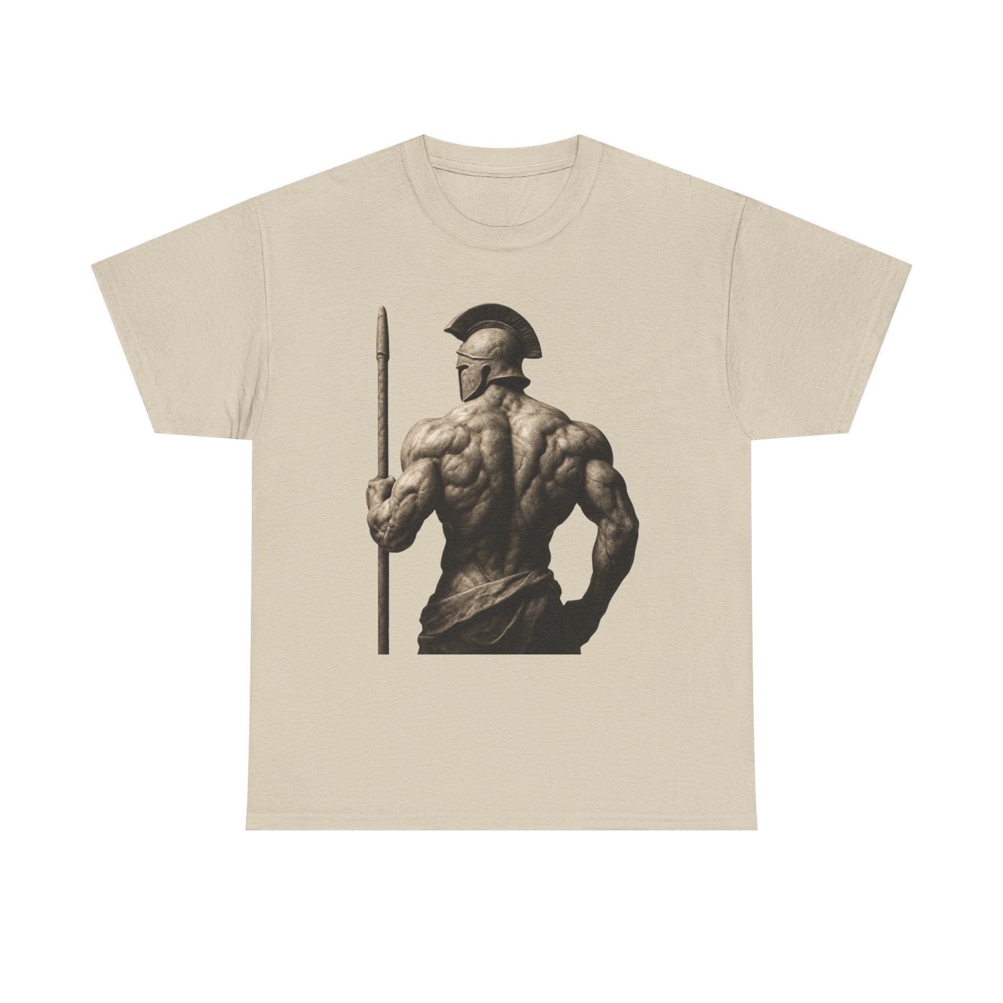 Spartan Warrior Back View T‑Shirt — Ancient Greek Helmet & Spear Muscle Art Tee